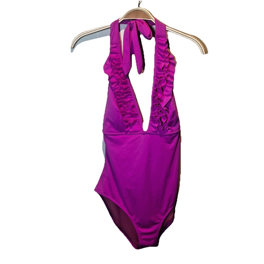 Boden Ithaca Halter Swimsuit Swim One Piece Women US 12 New Pink Ruffle Vibrant - Picture 3 of 10